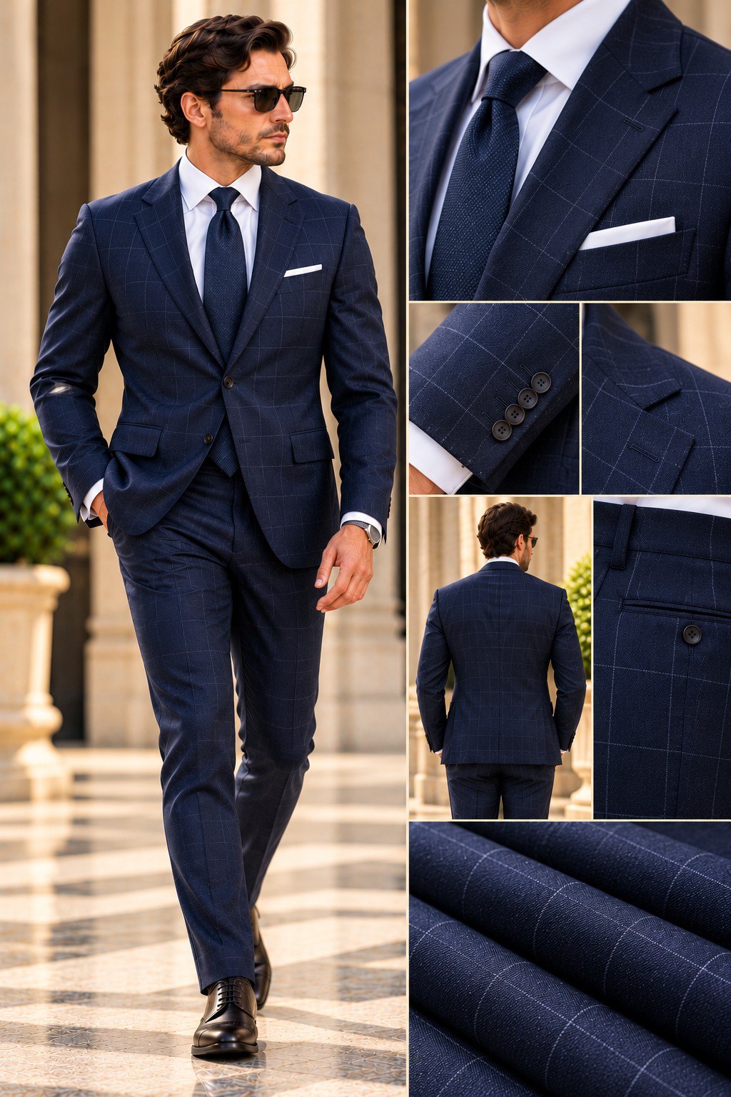 Navy windowpane suit style reference